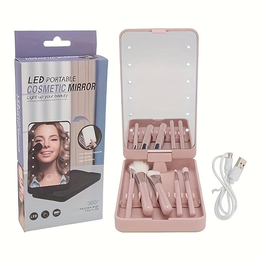 Cosmetic Mirror Espejo Led Portatil 360° Con 5 Cepillos